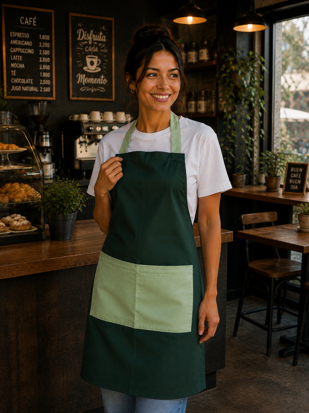 Pechera de cocina verde botella de gabardina con tirantes y bolsillo verde agua de felpa liviana Askary